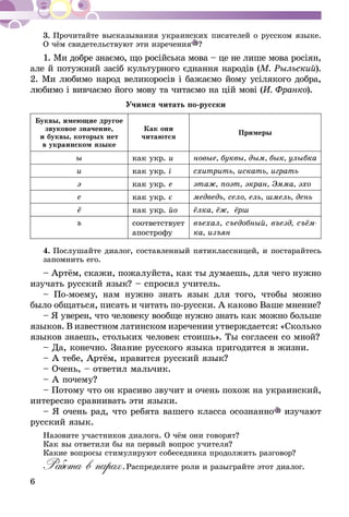 6
3.	Прочитайте высказывания украинских писателей о русском языке.
О чём свидетельствуют эти изречения ?
1. Ми добре знаємо, що російська мова – це не лише мова ро­­сіян,
але й потужний засіб культурного єднання народів (М. Рыль­­ский).
2. Ми любимо народ великоросів і бажаємо йому усілякого добра,
любимо і вивчаємо його мову та читаємо на цій мові (И. Франко).
Учимся читать по-русски
Буквы, имеющие другое
звуковое значение,
и буквы, которых нет
в украинском языке
Как они
читаются
Примеры
ы как укр. и новые, буквы, дым, бык, улыбка
и как укр. і схитрить, искать, играть
э как укр. е этаж, поэт, экран, Эмма, эхо
е как укр. є медведь, село, ель, шмель, день
ё как укр. йо ёлка, ёж, ёрш
ъ соответствует
апострофу
въехал, съедобный, въезд, съём-
ка, изъян
4.	Послушайте диалог, составленный пятиклассницей, и постарайтесь
запомнить его.
– Артём, скажи, пожалуйста, как ты думаешь, для чего нужно
изучать русский язык? – спросил учитель.
– По-моему, нам нужно знать язык для того, чтобы можно
было общаться, писать и читать по-русски. А каково Ваше мнение?
– Я уверен, что человеку вообще нужно знать как можно боль­­ше
языков. В известном латин­ском изречении утверждается: «Сколько
язы­ков знаешь, стольких человек стоишь». Ты согласен со мной?
– Да, конечно. Знание русского языка пригодится в жизни.
– А тебе, Артём, нравится русский язык?
– Очень, – ответил мальчик.
– А почему?
– Потому что он красиво звучит и очень похож на украинский,
интересно сравнивать эти языки.
– Я очень рад, что ребята вашего класса осознанно изучают
русский язык.
Назовите участников диалога. О чём они говорят?
Как вы ответили бы на первый вопрос учителя?
Какие вопросы стимулируют собеседника продолжить разговор?
Работа в парах. Распределите роли и разыграйте этот диалог.
 