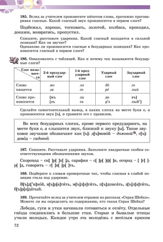 72
185.	Вслед за учителем произнесите шёпотом слова, протяжно прогова-
ривая гласные. Какой гласный звук произносится в первом слоге?
Подбежал, хорошо, тосковать, золотой, колбаса, крокодил,
докажи, возвратясь, пропустил.
Спишите, расставьте ударения. Какой гласный находится в сильной
позиции? Как он звучит?
Одинаково ли произносятся гласные в безударных позициях? Как про-
износится гласный в первом слоге?
186.	Ознакомьтесь с таблицей. Как и почему так называются без­удар­­­
­ные слоги?
2-й предудар-
ный слог
1-й пред-
ударный
слог
Ударный
слог
Заударный
слог
Слово
пишется
мо
за
ло
го
до
ре
го
лый
Слово про-
износится
[мъ
[зъ
ла
га
до
р’э
въ]
лый’]
Сделайте самостоятельный вывод, в каких слогах на месте букв о, а
произносится звук [ъ], и сравните его с правилом.
Во всех безударных слогах, кроме первого предударного, на
месте букв о, а слышится звук, близкий к звуку [ы]. Такое зву-
ковое звучание обозначают как [ъ]: д[ъ]мовой – домовой , с[ъ]-
довод – садовод.
187.	Спишите. Расставьте ударения. Заполните квадратные скобки со­­
ответствующими обозначениями звуков.
Скороход – ск[ ]р[ ]х[ ]д, сарафан – с[ ]р[ ]ф[ ]н, огород – [ ]г[ ]-
р[ ]д, говорить – г[ ]в[ ]р[ ]ть.
188.	Подберите к словам проверочные так, чтобы гласная в слабой по­­
зиции стала под ударение.
В[ъ]д[’и]ной, в[ъ]р[а]тить, м[ъ]л[а]тить, п[ъ]дписать, з[ъ]л[а]тить,
б[ъ]р[а]датый.
189.	Прочитайте вслед за учителем отрывок из рассказа «Серая Шейка».
Можете ли вы определить по содержанию, кто такая Серая Шейка?
Лебеди, гуси и утки начинали готовиться к отлёту. Отдельные
гнёзда соединялись в большие стаи. Старые и бывалые птицы
учили молодых. Каждое утро эта молодёжь с весёлым криком
Слог назы­
вает-
ся
 
