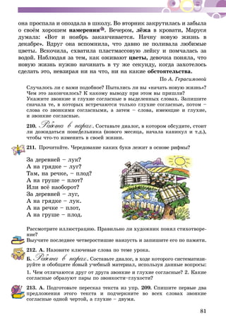 81
она проспала и опоздала в школу. Во вторник закрутилась и забыла
о своём хорошем намерении . Вечером, лёжа в кровати, Маруся
думала: «Вот и ноябрь заканчивается. Начну новую жизнь в
декабре». Вдруг она вспомнила, что давно не поливала любимые
цветы. Вскочила, схватила пластмассовую лейку и помчалась за
водой. Наблюдая за тем, как оживают цветы, девочка поняла, что
новую жизнь нуж­­­­­но начинать в ту же секунду, когда захотелось
сделать это, невзирая ни на что, ни на какие обстоятельства.
По А. Герасимовой
Случалось ли с вами подобное? Пытались ли вы «начать новую жизнь»?
Чем это закончилось? К какому выводу при этом вы пришли?
Укажите звонкие и глухие согласные в выделенных словах. Запишите
сначала те, в которых встречаются только глухие согласные, потом –
слова со звонкими согласными, а затем – слова, имеющие и глухие,
и звонкие согласные.
210.	Работа в парах. Составьте диалог, в котором обсудите, стоит
ли дожидаться понедельника (нового месяца, начала каникул и т.д.),
чтобы что-то изменить в своей жизни.
211.	Прочитайте. Чередование каких букв лежит в основе рифмы?
За деревней – лук?
А на грядке – луг?
Там, на речке, – плод?
А на груше – плот?
Или всё наоборот?
За деревней – луг,
А на грядке – лук.
А на речке – плот,
А на груше – плод.
Рассмотрите иллюстрацию. Правильно ли художник понял стихотворе-
ние?
Выучите последнее четверостишие на­изусть и запишите его по памяти.
212.	А. Назовите ключевые слова по теме урока.
Б. Работа в парах. Составьте диалог, в ходе которого систематизи-
руйте и обобщите новый учебный материал, используя данные вопросы:
1. Чем отличаются друг от друга звонкие и глухие согласные? 2. Какие
согласные образуют пары по звон­кости–глухости?
213.	А. Подготовьте пересказ текста из упр. 209. Спишите первые два
предложения этого текста и подчеркните во всех словах звонкие
согласные одной чертой, а глухие – двумя.
 