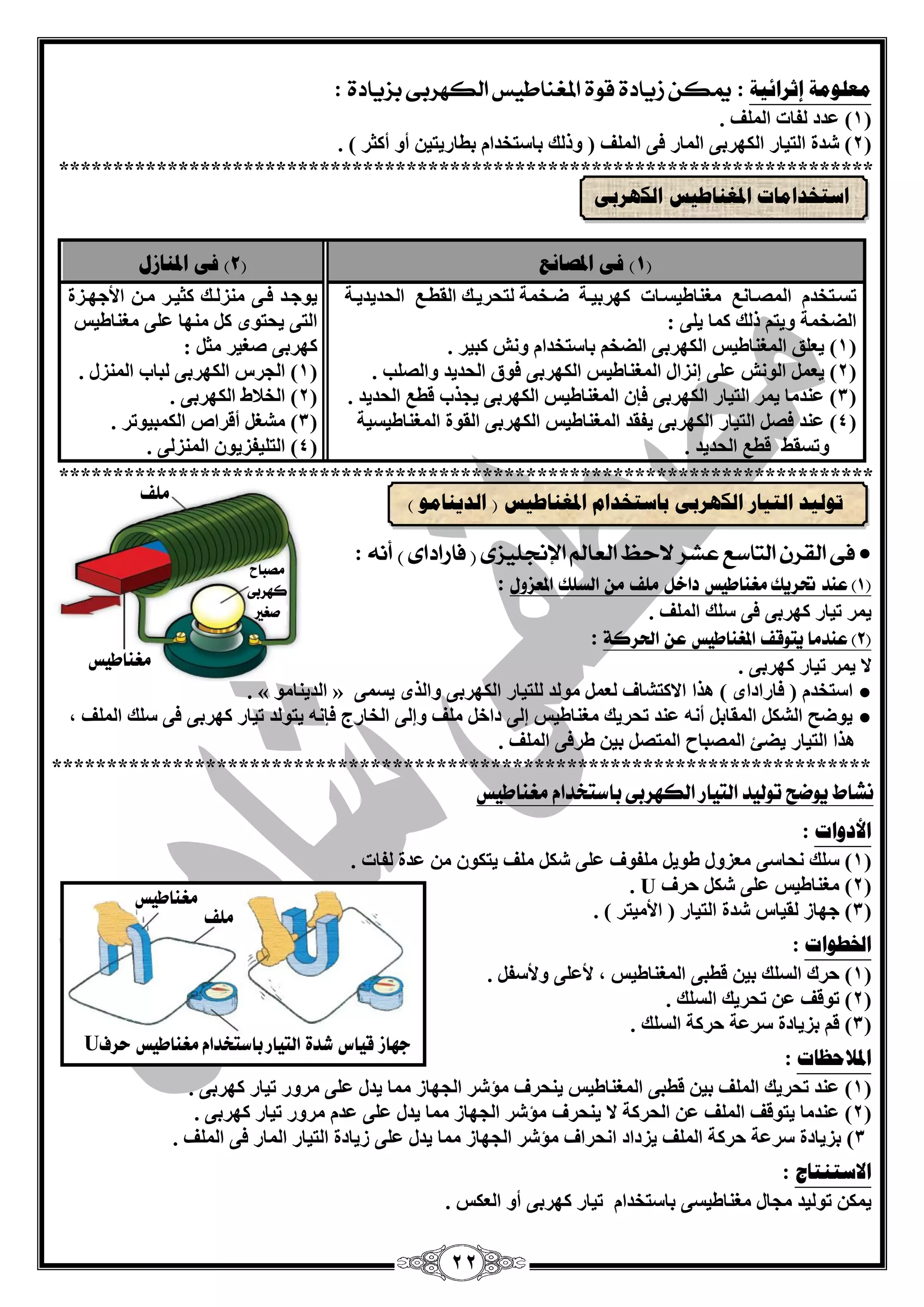 22 
يعهىيخ ئصشائيخ : 
يمل شيادة قوة المغياطيظ الل سَبى بصيادة 
: 
1( ذّد فٌبد ا فٌٍّ . ( 
2( ؽذح ا زٌيبس ا ىٌٙشثٝ ا بٌّس فٝ ا فٌٍّ ) ٚر هٌ ثبعزخذا ثيبسيزي أٚ أوضش ( . ( 
*************************************************************************** 
1( ف الدصب عَ ) 2( ف الد بُصل ( 
رغقزخذ ا قٌّقب غِ بٕىيغقبد وٙشثيقخ مقخ خّ زٌؾشيقه ا مٌيق ا ؾٌذيذيقخ 
ا نٌخ خّ ٚيز ر هٌ و بّ ي ٍٝ : 
1( ي كٍْ ا غٌّ بٕىيظ ( ا ىٌٙشثٝ ا نٌخُ ثبعزخذا ٚ ؼٔ وجيش . 
2( يًّْ ( ا ٌٛ ؼٔ ٍّٝ ئ ضٔاي ا غٌّ بٕىيظ ا ىٌٙشثٝ فٛق ا ؾٌذيذ ٚا قٌ تٍ . 
3( ذّٕ بِ ( ي شّ ا زٌيبس ا ىٌٙشثٝ فاْ ا غٌّ بٕىيظ ا ىٌٙشثٝ يغزة ليِ ا ؾٌذيذ . 
4( ذّٕ ( فقً ا زٌيبس ا ىٌٙشثٝ يفمذ ا غٌّ بٕىيظ ا ىٌٙشثٝ ا مٌٛح ا غٌّ بٕىيغيخ 
ٚرغمو لي ا ؾٌذيذ . 
يٛعقذ فقٝ ضِٕ قٌه وضيقش قِ الأعٙقضح 
ا زٌٝ يؾزٜٛ و ِٕٙب ٍّٝ غِ بٕىيظ 
وٙشثٝ فغيش ضِ : 
1( ا غٌشط ( ا ىٌٙشثٝ جٌبة ا ضٌّٕي . 
2( ا خٌلبه ( ا ىٌٙشثٝ . 
3( ؾِغ ألشاؿ ( ا ىٌ جّيٛرش . 
4( ا زٌ يٍفضيْٛ ( ا ضٌّٕ ٌٝ . 
*************************************************************************** 
● فى القس التاضع عػس لاحغ العالم الإمدليصى ) فازاداى ( أىُ 
: 
1( عيد ( 
تحس مٓ مػيا ظٔ 
داخل 
ملف 
مً 
الطلم 
المعص لّ 
: 
ي شّ ريبس وٙشثٝ فٝ ع هٍ ا فٌٍّ . 
2( عيدما تٓ قْف ( 
المػيا ظٔ 
عً 
اتذسكة 
: 
لا ي شّ ريبس وٙشثٝ . 
اعزخذ ) فبساداٜ ( ز٘ا الاوزؾبف ِٛ ذٌ زٌٍيبس ا ىٌٙشثٝ ٚا زٌٜ يغ ّٝ ● » ا ذٌي بٕ ِٛ « . 
يٛمؼ ا ؾٌى ا مٌّبث أ ذّٕ رؾشيه غِ بٕىيظ ئ ٌٝ داخ فٍِ ٚئ ٌٝ ا خٌبسط فا يزٛ ذٌ ريبس وٙشثٝ فٝ ع هٍ ا فٌٍّ ، ● 
ز٘ا ا زٌيبس ينئ ا قٌّجبػ ا زٌّق ثي ىشفٝ ا فٌٍّ . 
*************************************************************************** 
ىػاط قْٓح ت لْ دٔ الت أز الل سَبى باضتدداو مػيا ظٔ 
الأدواد : 
1( ع هٍ ( ؾٔبعٝ ضِْٚي ىٛيً فٍِٛف ٍّٝ ؽىً فٍِ يزىْٛ ذّح فٌبد . 
2( غِ بٕىيظ ( ٍّٝ ؽىً ؽشف U . 
3( عٙبص ( مٌيبط ؽذح ا زٌيبس ) الأ يِزش ( . 
الخؽىاد : 
1( ؽشن ( ا غٌ هٍ ثيٓ ليجٝ ا غٌّ بٕىيظ ، لأ ٍّٝ ٚلأعف . 
2( رٛلف ( رؾشيه ا غٌ هٍ . 
3( ل ثضيبدح ( عش خّ ؽشوخ ا غٌ هٍ . 
الدلاؽظبد : 
1( ذّٕ رؾشيه ا فٌٍّ ثي ليجٝ ا غٌّ بٕىيظ ي ؾٕشف ( إِؽش ا غٌٙبص بِّ يذي ٍّٝ شِٚس ريبس وٙشثٝ . 
2( ذّٕ بِ ( يزٛلف ا فٌٍّ ا ؾٌشوخ لا ي ؾٕشف إِؽش ا غٌٙبص بِّ يذي ٍّٝ ذّ شِٚس ريبس وٙشثٝ . 
3( ثضيبدح عش خّ ؽشوخ ا فٌٍّ يضداد ا ؾٔشاف إِؽش ا غٌٙبص بِّ يذي ٍّٝ صيبدح ا زٌيبس ا بٌّس فٝ ا فٌٍّ . 
الاعز زُبط : 
ي ىّٓ رٛ يٌذ غِبي غِ بٕىيغٝ ثبعزخذا ريبس وٙشثٝ أٚ ا ىٌْظ . 
اعزخذايبد الدغ بُؼيظ انكهشث رىنيذ انزيبس انكهشث ثبعزخذاو الدغ بُؼيظ ) انذي بُيى ( 
ملف 
مػيا ظٔ 
مؿباح 
ك سَبى 
ؾػير 
ملف 
مػيا ظٔ 
د اَش 
ق أع 
غدة 
الت أز باضتدداو مػيا ظٔ 
سسف 
U  