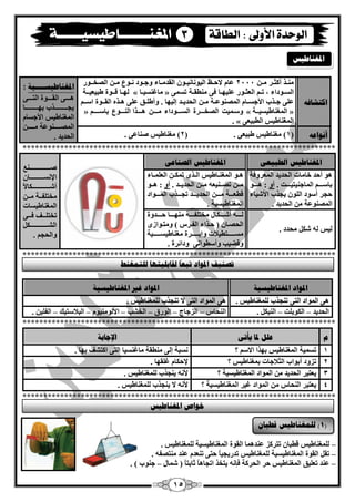 15 
اكزشبفه 
ـِٕز أوضـش ـِ 2444 بّ لاؽـ ا يٌٛ بٔ ئـٛ ا مٌذ ـِبء ٚعـٛد ـٔٛ ـِ ا قٌخ قـٛس 
ٌٙـب ل قـٛح ىجي يْ قـخ « بِغ غٕيـب » ا غٌـٛداء ، رـ ا ضٌْـٛس يٍّٙـب فٝ يِٕمـخ رغ ّٝ 
ٍّٝ عـزة الأعغـب ا قٌّ ٕٛ ـّخ ـِ ا ؾٌذيـذ ئ يٌٙب . ٚأى ـٍك ٍّٝ ـ٘ز ا مٌ قـٛح اع قـ » ٚعق يّذ ا قٌخـق ـشح ا غٌـق ـٛداء ـِق ـ ـ٘ق ـزا ا ـٌٕق ـٛ ثبعــق ـ « ا غٌّ بٕىيغي قـخ » 
. « ا غٌّ بٕىيظ ا يٌجي ْٝ 
الدغ بُؼيغــــيخ : 
ق٘ققققٝ ا مٌقققققٛح ا زٌقققققٝ 
يغقققققققققققققزة ثٙقققققققققققققب 
ا غٌّ بٕىيظ الأعغب ا قٌّققققققق ٕٛ خّ قِقققققق أ ىَاعه ) 1( غِ بٕىيظ ىجي ْٝ . ) 2( غِ بٕىيظ ف بٕ ّٝ . ا ؾٌذيذ . 
*************************************************************************** 
الدغ بُؼيظ انؽجيع الدغ بُؼيظ انص بُع فقققققققققققققققققققق الإ غٔقققققققققققققب أؽقققققققققققققققققىبلاً 
خِز فٍقققخ قِقق ا غٌّ بٕىيغبد 
رخز قٍقققف فققققٝ 
ا ؾٌقققققققققققققققققى ٚا ؾٌغ . 
ٛ٘ أؽذ خب بِد ا ؾٌذيذ ا شٌّْٚفخ 
ثبعقققق ا بٌّع يٕزيقققققذ . أٚ : ق٘ققققٛ 
ؽغش أعٛد ا ٌٍٛ يغزة الأؽيبء 
ا قٌّ ٕٛ خّ ا ؾٌذيذ . 
ق٘قٛ ا غٌّ قٕقبىيظ ا قٌقزٜ ر ىّقق ا قٌٍّْقبء 
قِق رقققق يٕ قِق ا ؾٌذيقققذ . أٚ : ق٘ققٛ 
لي قْقققخ قِققق ا ؾٌذيققققذ رغققققزة ا قٌّقققٛاد 
ا غٌّ بٕىيغيخ . 
يٌظ ؽى ؾِذد . 
قٌقققق أؽقققققىبي خِز فٍقققققخ ِٕٙقققققب ؽقققققذٚح 
ا ؾٌققب ) ؽقزاء ا فٌقشط ( ٚ زِققٛاصٜ 
غِقققققققزييلبد ٚئثقققققققشح غِ بٕىيغقققققققيخ 
ٚلنيت ٚأعيٛا ٝٔ ٚدائشح . 
*************************************************************************** 
الدىاد الدغ بُؼيغيخ الدىاد غير الدغ بُؼيغيخ 
ٝ٘ ا ٌّٛاد ا زٌٝ ر غٕزة غٌٍّ بٕىيظ . ٝ٘ ا ٌّٛاد ا زٌٝ لا ر غٕزة غٌٍّ بٕىيظ . 
ا ؾٌذيذ – ا ىٌٛث ذٍ – ا يٌٕى . ا ؾٌٕبط – ا ضٌعبط – ا ٌٛسق – ا خٌؾت – الأ ٌٛ يِٕٛ – ا جٌلبعزيه – ا فٌ يٍ . 
*************************************************************************** 
و عهم لدب يأر الإعبثخ 
1 رغ يّخ ا غٌّ بٕىيظ ثٙزا الاع ؟ غٔجخ ئ ٌٝ يِٕمخ بِغ غٕيب ا زٌٝ اوزؾف ثٙب . 
2 رضٚد أثٛاة ا ضٌلبعبد ث غّ بٕىيظ ؟ لإؽىب غ مٍٙب . 
3 ي زْجش ا ؾٌذيذ ا ٌّٛاد ا غٌّ بٕىيغيخ ؟ لأ ي غٕزة غٌٍّ بٕىيظ . 
4 ي زْجش ا ؾٌٕبط ا ٌّٛاد غيش ا غٌّ بٕىيغيخ ؟ لأ لا ي غٕزة غٌٍّ بٕىيظ . 
*************************************************************************** 
– غٌٍّ بٕىيظ ليجب رزشوض ذّٕ بّ٘ ا مٌٛح ا غٌّ بٕىيغيخ غٌٍّ بٕىيظ . 
– رم ا مٌٛح ا غٌّ بٕىيغيخ غٌٍّ بٕىيظ رذسيغيبً ؽزٝ ر ذْٕ ذّٕ زِٕقف . 
– ذّٕ ر يٍْك ا غٌّ بٕىيظ ؽش ا ؾٌشوخ فا يزخز ارغب بً٘ صبثزبً ) ؽ بّي – ع ٕٛة ( . 
3 
الدغ بُؼيظ 
خىاص الدغ بُؼيظ 
رص يُف الدىاد رجعًب نمبثهيزهب نهز غً ػُ 
1( نه غً بُؼيظ لؽجب ( 
 