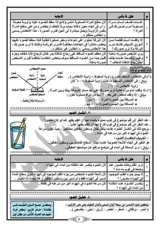 4 
و عهم لدب يأرً الإعبثخ 
1 
قّٕققققذ بِ رمقققققف أ قِققققب قِققققشآح 
غِقققزٛيخ رقققشٜ فقققٛسره فقققٝ 
ا شٌّآح ؟ 
لأ عيؼ ا شٌّآح ا غٌّزٛيخ أ ظٍِ ٚلا ئرا عمو ا نٌــٛء يٍّ ثضاٚيــخ يِْــ خٕ 
) أٜ فٝ ارغبٖ يِْ ( فا عٛف يشرذ خٌٍ فٍ ) ي ىْٕظ ( ٍّٝ عيؼ ا شٌّآح 
ث فٕظ ا ضٌاٚيــخ ٚيقً جِبؽشح ئ ٌٝ ا يٌْٓ فزقشٜ ا قٌقٛس ح ، ق٘ز ا الا ىْٔقبط يغق ّٝ 
» ا ىْٔبط زَُِٕ . « 
2 
ئرا ٚلفققققذ أ قِقققب لي قْقققخ قِققق ا قٌققٛسق الأثقققيل فا قٔققه رقققشٜ 
ا ٌٛسلخ ٚلا رشٜ فٛسره ؟ 
لأ ا ٌٛسلخ رؾزٜٛ ٍّٝ زٔقٛءاد ٚ ؽف قش فقغيشح غٌٍبي قخ ف قارا عقمو ا نٌقٛء يٍّٙ قب 
ي ىْٕظ زِٕؾشاً فٝ ارغب ب٘د خِز فٍــخ فزـق ـشٜ ا ٌٛسلـق ـخ ٚ ىٌ قٕه لا رقشٜ فقٛسره ، 
ز٘ا الا ىْٔبط يغ ّٝ » ا ىْٔبط غيش زَُِٕ . « 
3 
يشٜ ا ؾٌخـ فقٛسر ثب ز٘قخ 
ٚغيقققش ٚامقققؾخ قّٕققذ بِ يمقققف 
أ بِ صعبط ا بٌٕفزح ا ؾٌفبف ؟ 
لأ ا نٌٛء ا غٌبلو ٍّٝ صعبط ا بٌٕفزح ي شّ خلبي ا ضٌعبط لأ ؽفبف ٚعضء 
ل يٍقق عققذاً قِق ا نٌققٛء ا غٌققبلو عققٛف يقق ىْٕظ ا ىْٔبعققبً زِٕ قَّقبً فيققشٜ ا ؾٌققخـ 
فٛسر ثب ز٘خ . 
1( فٝ الا ىْٔبط ا زٌّٕ رىٛ ) صاٚيخ ا غٌمٛه = صاٚيخ الا ىْٔبط ( . ( 
مجال 
: فٝ الا ىْٔبط ا زٌّٕ ئرا وب ذٔ صاٚيخ ا غٌمٛه = 544 فا . صاٚيخ الا ىْٔبط = 544 
2( ئرا ٚلفذ أ بِ شِآح بّديخ رشٜ فٛسره ٍّٝ ث ذْ غِبٚ ـٌٍّغبفخ ثي هٕ ٚثي ا شٌّآح . ( 
مجال 
: ئرا ٚلف ؽخـ ٍّٝ ث ذْ 24 عـ شِآح غِزٛيخ رىٛ : 
ا غٌّبفخ ثي ا قٌٛسح ا شٌّآح = 24 ع . ● 
ا غٌّبفخ ثي ا غٌغ ٚا قٌٛسح = 44 ع . ● 
*************************************************************************** 
ذّٕ ا شٌَٕ ئ ٌٝ ل ِٛمٛ فٝ وٛة ٍِّٛء ثب بٌّء رغذ أ ا مٌ ي َٙش و بّ ٌٛ وب ىِغٛساً . – 
ذّٕ ا شٌَٕ ئ ٌٝ ل ِٛمٛ فٝ وٛة فبس رغذ أ ا مٌ ي َٙش بّديبً . – 
يشع ر هٌ ئ ٌٝ ا ىٔغبس ا نٌٛء ذّٕ بِ ي زٕم خلبي ٚعيي ؽفبفي خِز فٍي ، ؽيش رىٛ عش خّ – 
ا نٌٛء فٝ ا ٌٙٛاء أوجش عش زّ فٝ ا بٌّء . 
– 
تعسيف اىلطاز الضوء 
: 
ٛ٘ ا زٌغيش فٝ ارغب الأؽ خْ ا نٌٛئيخ ذّٕ بِ رغزبص ا غٌيؼ ا فٌبف ثي ٚعيي ؽفبفي . 
– 
مجال 
: شٜٔ ا غٌ ىّخ فٝ ا بٌّء فٝ ِٛم شِرف ِٛم ْٙب ا ؾٌميمٝ . 
*************************************************************************** 
و عهم لدب يأرً الإعبثخ 
1 
رشٜ ا مٌ ٚوأ ىِغٛس قّٕذ 
ٚم فٝ وٛة ث بِء ؟ 
لأ ا نٌٛء ي ىٕغش ذّٕ ا زٔمب ا بٌّء ئ ٌٝ ا ٌٙٛاء . 
2 
لا يجققذٚ عققضء ا مٌ قٍق ا ٌّٛعققٛد 
فٝ ا ٌٙـٛاء ىِغٛساً ؟ 
لأ أؽ خْ ا نٌٛء ا ىٌّْٕظ عضء ا مٌ ا ٌّٛعٛد فٝ ا ٌٙٛاء فقٛق عقيؼ ا قٌّبء 
رغيـش فٝ ا ٌٙٛاء فمو ) رغيش ثي ٚعيي ؽفبفي ( فلب يؾذس ا ىٔغبس . 
3 
ي ىٕغقققش ا نٌقققٛء قّٕقذ ا زٔمب قٌقق ا بٌّء ئ ٌٝ ا ٌٙٛاء ؟ 
لأ عش خّ ا نٌٛء فٝ ا ٌٙٛاء أوجش عش زّ فٝ ا بٌّء . 
*************************************************************************** 
– 
تٓل ق ءْ الػنظ م ضبعة أل اْ تطنى بأل اْ الط فٔ ىٍّ على الترت بٔ 
: 
) أؽ شّ ثشرمب ٌٝ أففش أخنش أصسق ئ ٍٝ ث فٕغغٝ ( . – – – – – – 
الططح العاكظ 
غعاع 
ضاقط 
غعاع 
ميعلظ 
شا ةّٓ 
الطك طْ 
شا ةّٓ 
الاىعلاع 
عن دْ الاىعلاع 
ىكطة الطك طْ 
) السضه للاطلاع فقط ( 
3( ا كَغبس انعىء ( 
4( تحهيم انعىء ( 
يملةة ةةو ألةة اْ الط ةٔةف فةةى 
كلنة ) سسف خص ( كّل سسف 
مي هَ اتذسف الجاىى م كل ل . 
 