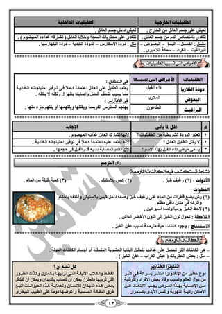 43 
انؽفيهيبد الخبسعيخ انؽفيهيبد انذاخهيخ 
ر يْؼ ٍّٝ عغ ا بٌْئ ا خٌبسط . ر يْؼ داخ عغ ا بٌْئ . 
رزغزٜ ثب زِقبؿ ا ذٌ عغ ا بٌْئ . رزغزٜ ٍّٝ ؾِزٛيبد أ غٔغخ ٚخلبيب ا بٌْئ ) رؾبسو غزاء ا ٌّٙنٛ ( . 
ضِققققق : ا مٌ قّقققق – ا جٌقققققك – ا جٌ قْققققٛك – 
ا جٌشاغيش – ا مٌشاد – ع ىّخ ا لٌب جِشٜ . 
ضِ : دٚدح الإعىبسط – ا ذٌٚدح ا ىٌجذيخ – دٚدح ا جٌ ٍٙبسعيب . 
*************************************************************************** 
انؽفيهيبد الأيشاض انتى رغججهب فى التطفل 
: 
ي زْ ذّ ا يٌفي ٍّٝ ا بٌْئ ا زّ بّداً وقب لِبً فقٝ رقٛفيش اؽزيبعبرق ا غٌزائيقخ 
بِّ يغجت م فْ ا بٌْئ ٚئفبثز ثب ٌٙضاي ٚ ىٌ لا يمز . 
فى الافتراع 
: 
يٙبع ا فٌّزشط ا فٌشيغخ ٚيمز ٍٙب ٚي زٍٙ ّٙب أٚ ي زٍٙ عضء ِٕٙب . 
دودح انفلاسيب داء ا فٌي انجعىض ا لٌّبسيب 
انبراغيش ا يٌب ّٛ *************************************************************************** 
و عهم لدب يأر الإعبثخ 
1 ر زْجش ا ذٌٚدح ا ؾٌشيييخ ا يٌفي يٍبد ؟ لأ ٙٔب رؾبسن ا بٌْئ غزائ ا ٌّٙنٛ . 
2 لا يمز ا يٌفي ا بٌْئ ؟ لأ ي زْ ذّ يٍّ ا زّ بّداً وب لِبً فٝ رٛفيش اؽزيبعبر ا غٌزائيخ . 
3 يغ ّٝ شِك داء ا فٌي ثٙزا الاع ؟ لأ ا مٌذ ا قٌّبثخ رؾج لذ ا فٌي فٝ ؽغ ّٙب . 
*************************************************************************** 
ىػاط تطتلػف في اللائيات المترممة 
الأدواد : ) 1( سغيف خجض . ) 2( ويظ ثلبعزيه . ) 3( و يّخ ل يٍ خٍ ا بٌّء . 
الخؽىاد : 
1( سػ ثن ليشاد ا بٌّء ٍّٝ سغيف خجض ٚفغ داخ ويظ ثلبعزيىٝ ٚأغ مٍ ثاؽىب ( 
ٚارشو فٝ ىِب دافئ . 
2( لاؽ ا خٌجض يٛ يِبً ٚ ذٌّح أعجٛ يّ . ( 
الدلاؽظخ : رؾٛي ٌٛ ا خٌجض ئ ٌٝ ا ٌٍٛ الأخنش ا ذٌاو . 
الاعز زُبط : ٚعٛد وبئ بٕد ؽيخ زِش خِّ رغجت فّ ا خٌجض . 
*************************************************************************** 
– ٝ٘ ا ىٌبئ بٕد ا زٌٝ رؾق ٍّٝ غزائٙب ثزؾ يٍ ا جٌمبيب ا نٌْٛيخ ا زٌّؾ خٍٍ أٚ أعغب ا ىٌبئ بٕد ا يٌّزخ . 
– ضِ : ث لْ ا فٌيشيبد ) يّؼ ا غٌشاة – فّ ا خٌجض ( . 
إىفل ىْصا اترياش سٓ 
ٛٔ خييش الإ فٔ قٍٛ ضٔا ا زٔؾقش ثغقش خّ فقٝ وضيقش 
دٚي ا بٌْ ٚرغجت ٚفبح ث لْ الأفشاد ٚ ٌٍٛلبيخ 
قِقق الإفقققبثخ ثٙقققزا ا قٌّققشك يغقققت الاثز قْققبد قّقق الأ بِو سديئخ ا زٌٙٛيخ ٚغغ الأيذٜ ثبعز شّاس . 
لٍ تعله أ ؟ 
ا مٌيققو ٚا ىٌققلبة الأ يٌفققخ ا زٌققٝ شٔثيٙققب ثققب ضٌّٕي ٚوققز هٌ ا يٌيققٛس 
ا زٌٝ شٔثيٙب ثب ضٌّٕي ي ىّ أ رقبة ثب ذٌيذا ٚي ىّ أ ر زٕم ث قْقل ق٘قز ا ذٌيققذا لٌئ غٔققب ٚ ؾٌ بّيققخ ق٘قز ا ؾٌيٛا قٔقبد ارجقق ىشق ا بٌَٕفخ ا بٌّٕعجخ ٚا شّمٙب دٚ بًِ ٍّٝ ا يٌجيت ا جٌييشٜ 
. 
3( انتريى ( 
 