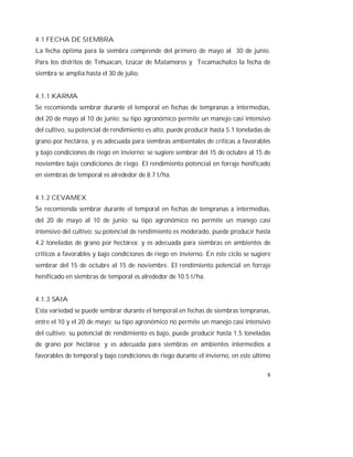 8
4.1 FECHA DE SIEMBRA
La fecha óptima para la siembra comprende del primero de mayo al 30 de junio.
Para los distritos de Tehuacan, Izúcar de Matamoros y Tecamachalco la fecha de
siembra se amplia hasta el 30 de julio.
4.1.1 KARMA
Se recomienda sembrar durante el temporal en fechas de tempranas a intermedias,
del 20 de mayo al 10 de junio; su tipo agronómico permite un manejo casi intensivo
del cultivo, su potencial de rendimiento es alto, puede producir hasta 5.1 toneladas de
grano por hectárea, y es adecuada para siembras ambientales de críticas a favorables
y bajo condiciones de riego en invierno; se sugiere sembrar del 15 de octubre al 15 de
noviembre bajo condiciones de riego. El rendimiento potencial en forraje henificado
en siembras de temporal es alrededor de 8.7 t/ha.
4.1.2 CEVAMEX
Se recomienda sembrar durante el temporal en fechas de tempranas a intermedias,
del 20 de mayo al 10 de junio; su tipo agronómico no permite un manejo casi
intensivo del cultivo; su potencial de rendimiento es moderado, puede producir hasta
4.2 toneladas de grano por hectárea; y es adecuada para siembras en ambientes de
críticos a favorables y bajo condiciones de riego en invierno. En este ciclo se sugiere
sembrar del 15 de octubre al 15 de noviembre. El rendimiento potencial en forraje
henificado en siembras de temporal es alrededor de 10.5 t/ha.
4.1.3 SAIA
Esta variedad se puede sembrar durante el temporal en fechas de siembras tempranas,
entre el 10 y el 20 de mayo; su tipo agronómico no permite un manejo casi intensivo
del cultivo; su potencial de rendimiento es bajo, puede producir hasta 1.5 toneladas
de grano por hectárea; y es adecuada para siembras en ambientes intermedios a
favorables de temporal y bajo condiciones de riego durante el invierno, en este último
 