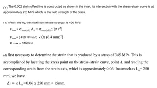 (b) The 0.002 strain offset line is constructed as shown in the inset; its intersection with the stress–strain curve is at
approximately 250 MPa which is the yield strength of the brass.
( c ) From the fig, the maximum tensile strength is 450 MPa
Fmax = max(ult) Ao = max(ult) x ( r2)
Fmax = ( 450 N/mm2 ) x ( (6.4 mm)2)
F max = 57900 N
(d) first necessary to determine the strain that is produced by a stress of 345 MPa. This is
accomplished by locating the stress point on the stress–strain curve, point A, and reading the
corresponding strain from the strain axis, which is approximately 0.06. Inasmuch as Lo= 250
mm, we have
∆l =  Lo = 0.06 x 250 mm = 15mm.
 