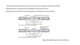 Specimen geometries specified by American Society for Testing and Materials (ASTM):
- Round specimens are preferred for extruded bars and castings (Fig2-a)
- Flat specimens are preferred when end-products are thin plates or sheets (Fig2-b)
Figure (4) Standard specimen of tensile test
 
