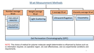 M.wt Measurement Methods
Number average
M.wt
END-GROUP
ANALYSIS
COLLIGATIVE
PROPERTIES
Viscosity average M.wt
Viscometry
Weight average
M.wt
Light Scattering
Z-average M.wt
Ultracentrifugation
Gel Permeation Chromatography (GPC)
12
NOTE: The choice of method for polymer molecular weight determination is influenced by factors such as:
(i) information required, (ii) operative region, (iii) cost effectiveness, and (iv) experimental conditions and
requirements.
 