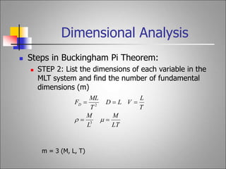 Dimensional Analysis
 Steps in Buckingham Pi Theorem:
 STEP 2: List the dimensions of each variable in the
MLT system and find the number of fundamental
dimensions (m)
m = 3 (M, L, T)
LT
M
L
M
T
L
V
L
D
T
ML
FD






 3
2
 