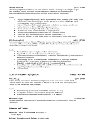 Mobility Specialist 2/2011 – 11/2011
Mobility support professionalwith across the board experience in wireless technology. Core strength in usage of
BES and Boxtone support. Enthusiastic team player with technical leadership and project management
experience of leading edge products from concept to delivery: Support, maintain, and administer
Results:
• Managed and maintained company’s mobility accounts with all 4 major providers. (AT&T, Sprint, Verizon
& T-Mobile). Worked closely with Senior Mobility Specialist to investigate and implement mobile
telecommunication support growth of company.
• Support 1400 end users both internally and externally on Blackberry and Smartphone technology.
• Support Executives on iPhone and Blackberry post deployment.
• Provide technical consulting for Help Desk Analysts and customers.
• Maintain a high level of technical knowledge on assigned products.
• Maintain technical expertise and knowledge about new versions and products.
• Use of Fixed Asset Management/Inventory ofmobility equipment (Track-IT)
• Successfully upgraded 150 World Edition devices over to latest Sprint or Verizon Bold devices.
Help Desk Analyst I 10/2010 – 02/2011
Support, maintain, and administer Windows XP Operating systems; install, configure, maintain and support mixed
environment of Microsoft products,MS Office Suite 2003-2007. Provided first level technical and IT support to
client user base for troubleshooting problems.
Results:
• Provided 1st level support for Cephalon products and applications.
• Support 1600 end users with hardware, network, and software support.
• Utilized all available resources to achieve results.Demonstrated aptitude for creativity and achieved results
with personal contributions.
• Utilized Bomgar and VPN technology for remote troubleshooting of PC and desktop applications.
• Worked with HEAT systemto enter service order tickets and assign to designated areas.
• Office 2007 certified with skills in MS Word, Excel, PowerPoint and Outlook.
• Successfully assisted in rollout of Office 2007 to 720 Remote users’offsite. Provided documentation and
support.Organized and orchestrated delivery process.
• Customer service.
A-Jon Construction – Springfield, PA 5/1992 – 12/1999
Office Manager 9/1997 –2/1999
Support, maintain, and administer Peachtree accounting software and PC based network systems. Install,
configure, maintain and support mixed environment of Windows 3.x, 95, and 98, Setup and configure printer
support,facsimile machines and copier equipment.
Results:
• Provided Desktop systemsupport.Responsible PC maintenance and set up.
• Developed and maintained scanneroperations throughout HUB Operations.
• Managed workers compensation and employee benefits for 30 employees.
Office Bookkeeper 5/1992 – 9/1997
Establish and maintain employee schedules; maintained accounts payable,accounts receivables,payroll and
bookkeeping.
Education and Training:
Walnut Hill College of Philadelphia, Philadelphia,PA
Associates Degree
Delaware County Community College, Downingtown, PA
 