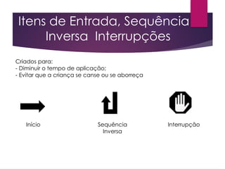 Itens de Entrada, Sequência
Inversa Interrupções
Criados para:
- Diminuir o tempo de aplicação;
- Evitar que a criança se canse ou se aborreça
Início Sequência
Inversa
Interrupção
 