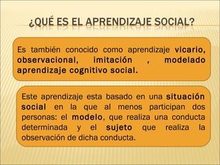 Es también conocido como aprendizaje vicario,
observacional,    imitación   ,   modelado
aprendizaje cognitivo social.


 Este aprendizaje esta basado en una situación
 social en la que al menos participan dos
 personas: el modelo, que realiza una conducta
 determinada y el sujeto que realiza la
 observación de dicha conducta.
 