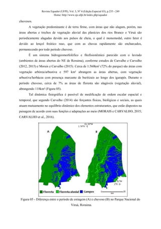 Revista Equador (UFPI), Vol. 5, Nº 4 (Edição Especial 03), p.235 - 249
Home: http://www.ojs.ufpi.br/index.php/equador
chuvosos.
A vegetação predominante é de terra firme, com áreas que não alagam, porém, nas
áreas abertas e trechos de vegetação aluvial das planícies dos rios Branco e Viruá são
periodicamente alagadas devido aos pulsos de cheia, o qual é monomodal, outro fator é
devido ao lençol freático raso, que com as chuvas rapidamente são encharcados,
permanecendo por todo período chuvoso.
É um sistema hidrogeomorfolófico e fitofisionômico parecido com o lavrado
(ambientes de áreas abertas do NE de Roraima), conforme estudos de Carvalho e Carvalho
(2012, 2015) e Morais e Carvalho (2015). Cerca de 1.560km² (72% do parque) são áreas com
vegetação arbórea/arbustiva e 597 km² abrangem as áreas abertas, com vegetação
arbustiva/herbácea com presença marcante de buritizais ao longo dos igarapés. Durante o
período chuvoso, cerca de 7% as áreas de floresta são alagáveis (vegetação aluvial),
abrangendo 118km² (Figura 05).
Tal dinâmica fisiográfica é passível de modificação de ordem escalar espacial e
temporal, que segundo Carvalho (2014) são forçantes físicas, biológicas e sociais, as quais
atuam mutuamente no equilíbrio dinâmico dos elementos estruturantes, que estão dispostos na
paisagem de acordo com suas funções e adaptações ao meio (MORAIS e CARVALHO, 2015;
CARVALHO et al., 2016).
Figura 05 - Diferença entre o período de estiagem (A) e chuvoso (B) no Parque Nacional do
Viruá, Roraima.
 