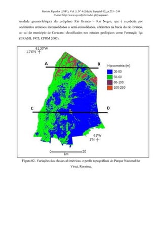 Revista Equador (UFPI), Vol. 5, Nº 4 (Edição Especial 03), p.235 - 249
Home: http://www.ojs.ufpi.br/index.php/equador
unidade geomorfológica do pediplano Rio Branco – Rio Negro, que é recoberta por
sedimentos arenosos inconsolidados a semi-consolidados, aflorantes na bacia do rio Branco,
ao sul do município de Caracaraí classificados nos estudos geológicos como Formação Içá
(BRASIL 1975; CPRM 2000).
Figura 02- Variações das classes altimétricas. e perfis topográficos do Parque Nacional do
Viruá, Roraima.
 