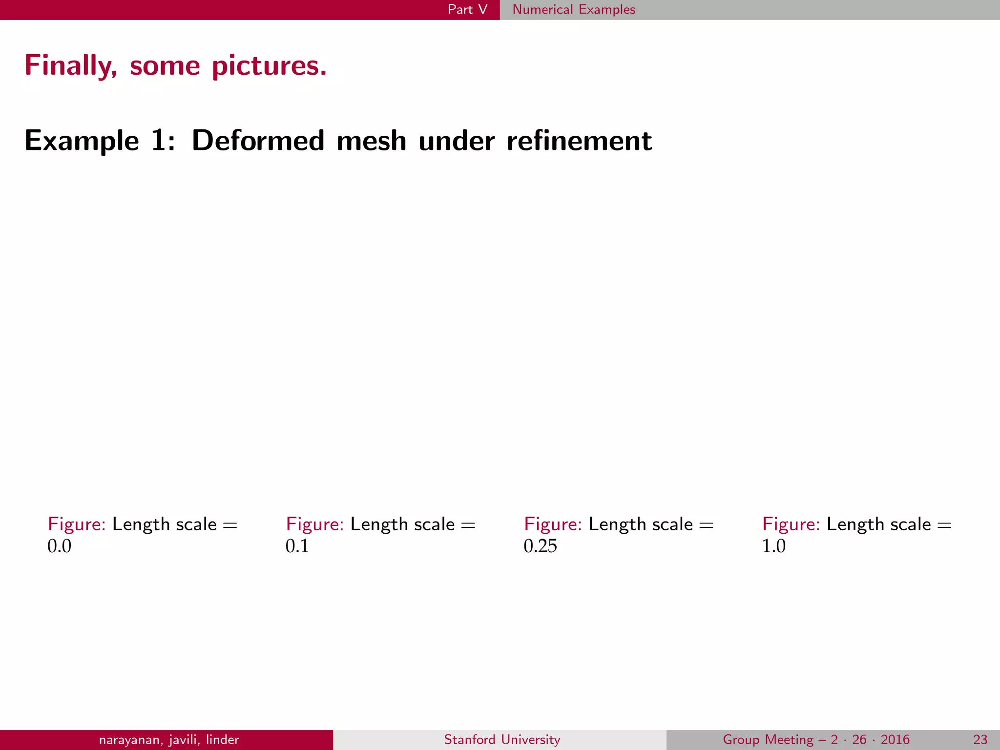 Part V Numerical Examples
Finally, some pictures.
Example 1: Deformed mesh under reﬁnement
Figure: Length scale =
0.0
Figure: Length scale =
0.1
Figure: Length scale =
0.25
Figure: Length scale =
1.0
narayanan, javili, linder Stanford University Group Meeting – 2 · 26 · 2016 23
0 0.2 0.4 0.6 0.8 1 1.2
0
0.2
0.4
0.6
0.8
1
1.2
0 0.2 0.4 0.6 0.8 1 1.2
0
0.2
0.4
0.6
0.8
1
1.2
0 0.2 0.4 0.6 0.8 1 1.2
0
0.2
0.4
0.6
0.8
1
1.2
0 0.2 0.4 0.6 0.8 1 1.2
0
0.2
0.4
0.6
0.8
1
1.2
 