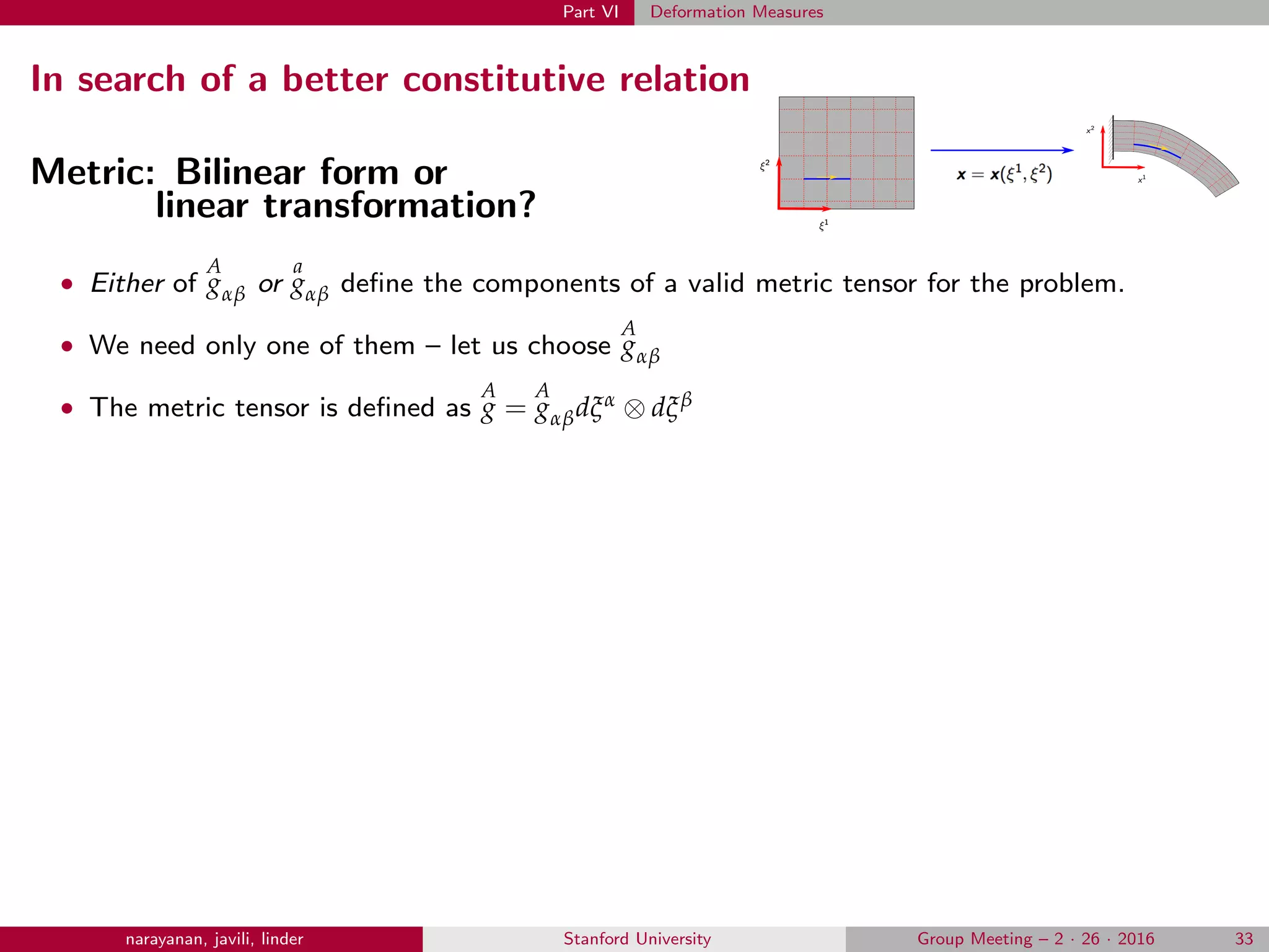 Part VI Deformation Measures
In search of a better constitutive relation
Metric: Bilinear form or
linear transformation?
• Either of
A
gαβ or
a
gαβ deﬁne the components of a valid metric tensor for the problem.
• We need only one of them – let us choose
A
gαβ
• The metric tensor is deﬁned as
A
g =
A
gαβdξα ⊗ dξβ
narayanan, javili, linder Stanford University Group Meeting – 2 · 26 · 2016 33
 