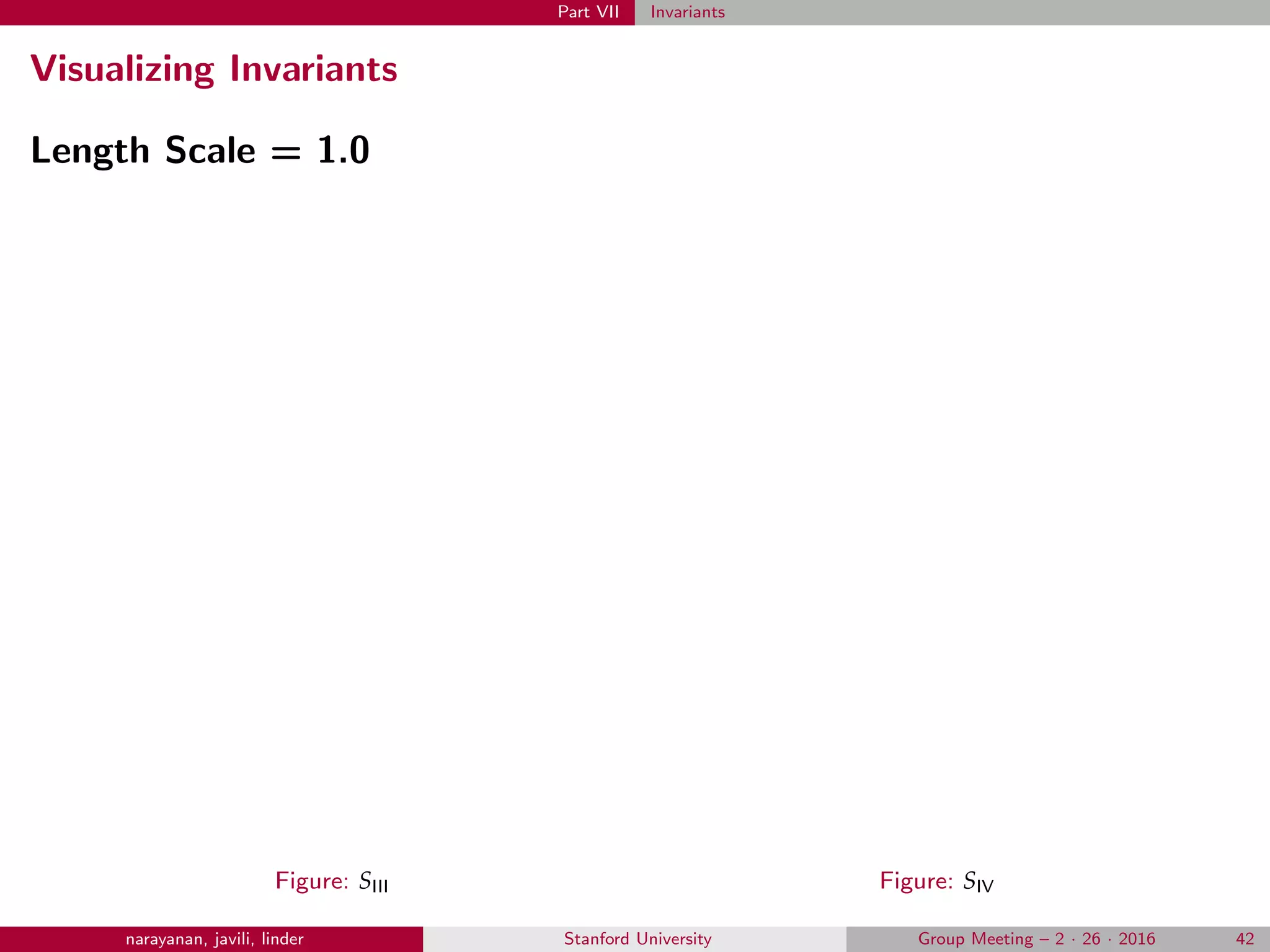 Part VII Invariants
Visualizing Invariants
Length Scale = 1.0
Figure: SIII Figure: SIV
narayanan, javili, linder Stanford University Group Meeting – 2 · 26 · 2016 42
0 0.2 0.4 0.6 0.8 1
0
0.1
0.2
0.3
0.4
0.5
0.6
0.7
0.8
0.9
1
0.5
1
1.5
2
2.5
0 0.2 0.4 0.6 0.8 1
0
0.1
0.2
0.3
0.4
0.5
0.6
0.7
0.8
0.9
1
-0.1
-0.05
0
0.05
0.1
 