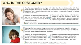 WHO IS THE CUSTOMER?SALLY,38HANNAH,21
WANTS
FEARS INFLUENCERS #Friends #Family #Experts #MagazinesArticles #Salon&BeautyProfesionals
A quality colouring product to cover grey hair and to also allow her to change her style if she
wants; a product she could use whenever she has some spare time; easy to buy and easy to use;
she doesn’t need a quick fix, she needs a long term solution, a product that if it works she will use
for the rest of her life.
She wants to feel younger and on trend; wants
her hair to look good and natural without the
need to spend hours in a salon; a product that
will not damage her hair and will keep it healthy
She won’t get the results she is expecting
and that the colour will look dull and
unnatural; she is also concerned about
the health of her hair.
NEEDS
WANTS
FEARS
INFLUENCERS #Friends #SocialMedia #Blogs #Reviews #Celebrities
A quality colouring product to change her style often; a product you can buy online with quick
delivery times and a ‘how to’ information accessible at any time; tips and examples on different
styles you can archive with the product application.
She wants to look good and have a relevant style
like the people she follows on social Media;
Change her colour and style when ever she
wants without needing to pay a salon price.
She won’t get the results she is looking
for; it will be too difficult to apply; it will
damage her hair if she uses it too often
and will cost her more in the long term
NEEDS
 