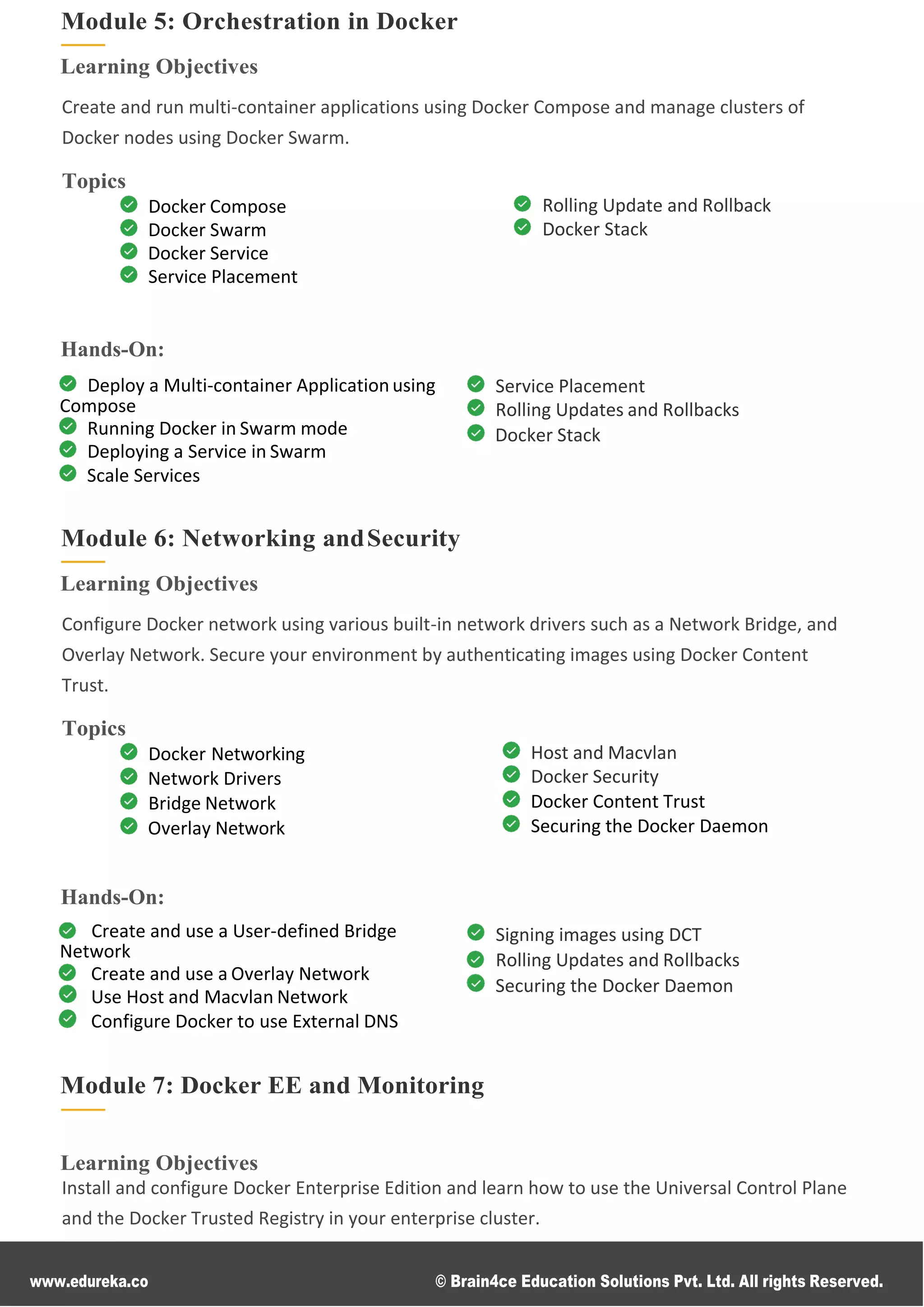 www.edureka.co © Brain4ce Education Solutions Pvt. Ltd. All rights Reserved.
Module 5: Orchestration in Docker
Learning Objectives
Create and run multi-container applications using Docker Compose and manage clusters of
Docker nodes using Docker Swarm.
Topics
Docker Compose
Docker Swarm
Docker Service
Service Placement
Rolling Update and Rollback
Docker Stack
Hands-On:
Deploy a Multi-container Application using
Compose
Running Docker in Swarm mode
Deploying a Service in Swarm
Scale Services
Service Placement
Rolling Updates and Rollbacks
Docker Stack
Module 6: Networking andSecurity
Learning Objectives
Configure Docker network using various built-in network drivers such as a Network Bridge, and
Overlay Network. Secure your environment by authenticating images using Docker Content
Trust.
Topics
Docker Networking
Network Drivers
Bridge Network
Overlay Network
Host and Macvlan
Docker Security
Docker Content Trust
Securing the Docker Daemon
Hands-On:
Module 7: Docker EE and Monitoring
Learning Objectives
Install and configure Docker Enterprise Edition and learn how to use the Universal Control Plane
and the Docker Trusted Registry in your enterprise cluster.
Create and use a User-defined Bridge
Network
Create and use a Overlay Network
Use Host and Macvlan Network
Configure Docker to use External DNS
Signing images using DCT
Rolling Updates and Rollbacks
Securing the Docker Daemon
 