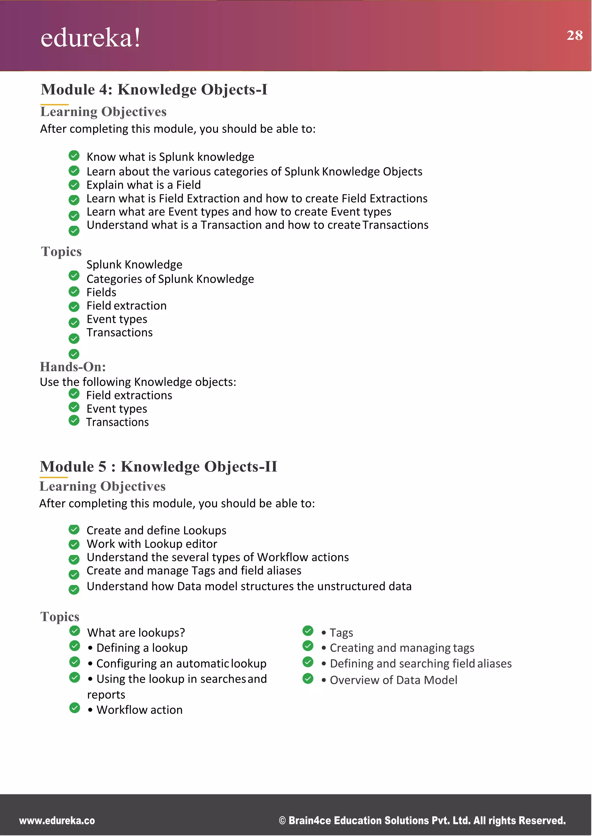 edureka! 28
R g
0
s
B
s
r
n
n
M
ce
d
d
www.edureka.co © Brain4ce Education Solutions Pvt. Ltd. All rights Reserved.
Module 4: Knowledge Objects-I
Learning Objectives
After completing this module, you should be able to:
Know what is Splunk knowledge
Learn about the various categories of Splunk Knowledge Objects
Explain what is a Field
Learn what is Field Extraction and how to create Field Extractions
Learn what are Event types and how to create Event types
Understand what is a Transaction and how to createTransactions
Topics
Splunk Knowledge
Categories of Splunk Knowledge
Fields
Field extraction
Event types
Transactions
Hands-On:
Use the following Knowledge objects:
Field extractions
Event types
Transactions
Module 5 : Knowledge Objects-II
Learning Objectives
After completing this module, you should be able to:
Topics
Create and define Lookups
Work with Lookup editor
Understand the several types of Workflow actions
Create and manage Tags and field aliases
Understand how Data model structures the unstructured data
What are lookups?
• Defining a lookup
• Configuring an automaticlookup
• Using the lookup in searchesand
reports
• Workflow action
• Tags
• Creating and managing tags
• Defining and searching fieldaliases
• Overview of Data Model
 