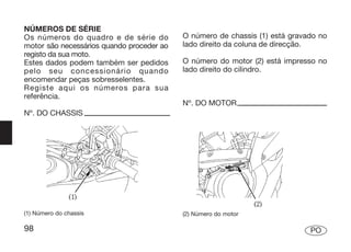 NÚMEROS DE SÉRIE
Os números do quadro e de série do         O número de chassis (1) está gravado no
motor são necessários quando proceder ao   lado direito da coluna de direcção.
registo da sua moto.
Estes dados podem também ser pedidos       O número do motor (2) está impresso no
pelo seu concessionário quando             lado direito do cilindro.
encomendar peças sobresselentes.
Registe aqui os números para sua
referência.
                                           Nº. DO MOTOR
Nº. DO CHASSIS




(1) Número do chassis                      (2) Número do motor

98                                                                           PO
 