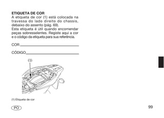 ETIQUETA DE COR
A etiqueta de cor (1) está colocada na
travessa do lado direito do chassis,
debaixo do assento (pág. 69).
Esta etiqueta é útil quando encomendar
peças sobresselentes. Registe aqui a cor
e o código da etiqueta para sua referência.

COR

CÓDIGO




(1) Etiqueta de cor


 PO                                           99
 