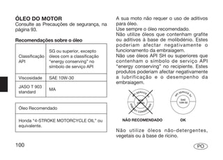ÓLEO DO MOTOR                                A sua moto não requer o uso de aditivos
Consulte as Precauções de segurança, na      para óleo.
página 93.                                   Use sempre o óleo recomendado.
                                             Não utilize óleos que contenham grafite
Recomendações sobre o óleo                   ou aditivos à base de molibdénio. Estes
                                             poderiam afectar negativamente o
                 SG ou superior, excepto     funcionamento da embraiagem.
 Classificação   óleos com a classificação   Não use óleos API SH ou superiores que
 API             “energy conserving” no      contenham o símbolo de serviço API
                 símbolo de serviço API      “energy conserving” no recipiente. Estes
                                             produtos poderiam afectar negativamente
 Viscosidade     SAE 10W-30                  a lubrificação e o desempenho da
                                             embraiagem.
 JASO T 903
                 MA
 standard


 Óleo Recomendado

 Honda “4-STROKE MOTORCYCLE OIL” ou            NÃO RECOMENDADO          OK
 equivalente.
                                             Não utilize óleos não-detergentes,
                                             vegetais ou à base de rícino.
100                                                                             PO
 
