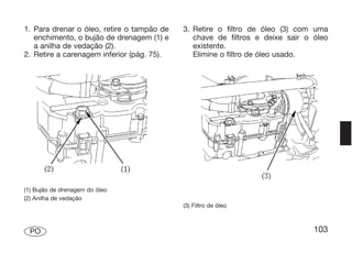 1. Para drenar o óleo, retire o tampão de   3. Retire o filtro de óleo (3) com uma
   enchimento, o bujão de drenagem (1) e       chave de filtros e deixe sair o óleo
   a anilha de vedação (2).                    existente.
2. Retire a carenagem inferior (pág. 75).      Elimine o filtro de óleo usado.




(1) Bujão de drenagem do óleo
(2) Anilha de vedação
                                            (3) Filtro de óleo



 PO                                                                            103
 