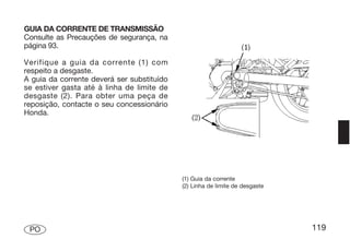 GUIA DA CORRENTE DE TRANSMISSÃO
Consulte as Precauções de segurança, na
página 93.

Verifique a guia da corrente (1) com
respeito a desgaste.
A guia da corrente deverá ser substituído
se estiver gasta até à linha de limite de
desgaste (2). Para obter uma peça de
reposição, contacte o seu concessionário
Honda.




                                            (1) Guia da corrente
                                            (2) Linha de limite de desgaste




 PO                                                                           119
 