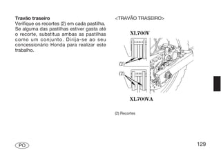 Travão traseiro                               <TRAVÃO TRASEIRO>
Verifique os recortes (2) em cada pastilha.
Se alguma das pastilhas estiver gasta até
o recorte, substitua ambas as pastilhas
como um conjunto. Dirija-se ao seu
concessionário Honda para realizar este
trabalho.




                                              (2) Recortes




 PO                                                               129
 