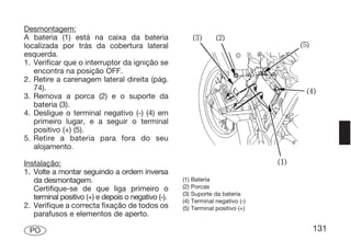 Desmontagem:
A bateria (1) está na caixa da bateria
localizada por trás da cobertura lateral
esquerda.
1. Verificar que o interruptor da ignição se
   encontra na posição OFF.
2. Retire a carenagem lateral direita (pág.
   74).
3. Remova a porca (2) e o suporte da
   bateria (3).
4. Desligue o terminal negativo (-) (4) em
   primeiro lugar, e a seguir o terminal
   positivo (+) (5).
5. Retire a bateria para fora do seu
   alojamento.

Instalação:
1. Volte a montar seguindo a ordem inversa
   da desmontagem.                                  (1)   Bateria
   Certifique-se de que liga primeiro o             (2)   Porcas
                                                    (3)   Suporte da bateria
   terminal positivo (+) e depois o negativo (-).   (4)   Terminal negativo (-)
2. Verifique a correcta fixação de todos os         (5)   Terminal positivo (+)
   parafusos e elementos de aperto.

 PO                                                                               131
 