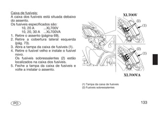 Caixa de fusíveis:
A caixa dos fusíveis está situada debaixo
do assento.
Os fusíveis especificados são:
       10, 20 A        ...XL700V
       10, 20, 30 A ...XL700VA
1. Retire o assento (página 69).
2. Retire a cobertura lateral esquerda
   (pág. 73).
3. Abra a tampa da caixa de fusíveis (1).
4. Retire o fusível velho e instale o fusível
   novo.
   Os fusíveis sobressalentes (2) estão
   localizados na caixa dos fusíveis.
5. Feche a tampa da caixa de fusíveis e
   volte a instalar o assento.



                                                (1) Tampa da caixa de fusíveis
                                                (2) Fusíveis sobressalentes




 PO                                                                              133
 