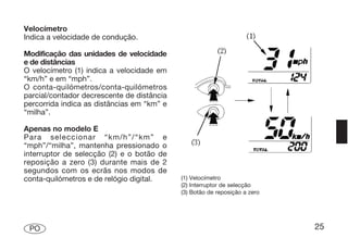 Velocímetro
Indica a velocidade de condução.

Modificação das unidades de velocidade
e de distâncias
O velocímetro (1) indica a velocidade em
“km/h” e em “mph”.
O conta-quilómetros/conta-quilómetros
parcial/contador decrescente de distância
percorrida indica as distâncias em “km” e
“milha”.

Apenas no modelo E
Para seleccionar “km/h”/“km” e
“mph”/“milha”, mantenha pressionado o
interruptor de selecção (2) e o botão de
reposição a zero (3) durante mais de 2
segundos com os ecrãs nos modos de
conta-quilómetros e de relógio digital.     (1) Velocímetro
                                            (2) Interruptor de selecção
                                            (3) Botão de reposição a zero




 PO                                                                         25
 