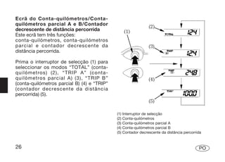 Ecrã do Conta-quilómetros/Conta-
quilómetros parcial A e B/Contador
decrescente de distância percorrida
Este ecrã tem três funções:
conta-quilómetros, conta-quilómetros
parcial e contador decrescente da
distância percorrida.

Prima o interruptor de selecção (1) para
seleccionar os modos “TOTAL” (conta-
quilómetros) (2), “TRIP A” (conta-
quilómetros parcial A) (3), “TRIP B”
(conta-quilómetros parcial B) (4) e “TRIP”
(contador decrescente da distância
percorrida) (5).


                                             (1)   Interruptor de selecção
                                             (2)   Conta-quilómetros
                                             (3)   Conta-quilómetros parcial A
                                             (4)   Conta-quilómetros parcial B
                                             (5)   Contador decrescente da distância percorrida


26                                                                                           PO
 