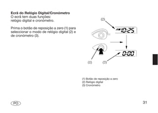 Ecrã do Relógio Digital/Cronómetro
O ecrã tem duas funções:
relógio digital e cronómetro.

Prima o botão de reposição a zero (1) para
seleccionar o modo de relógio digital (2) e
de cronómetro (3).




                                              (1) Botão de reposição a zero
                                              (2) Relógio digital
                                              (3) Cronómetro




 PO                                                                           31
 