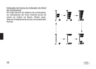 Indicação de Avaria do Indicador do Nível
de Combustível
Em caso de erro do sistema de combustível,
os indicadores de nível mostrar-se-ão tal
como se indica na figura. Neste caso,
dirija-se imediatamente ao seu concessionário
Honda.




38                                              PO
 