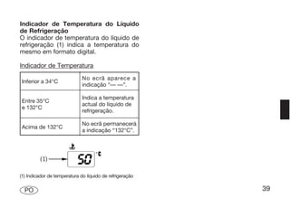 Indicador de Temperatura do Líquido
de Refrigeração
O indicador de temperatura do líquido de
refrigeração (1) indica a temperatura do
mesmo em formato digital.

Indicador de Temperatura
                              No ecrã aparece a
Inferior a 34°C
                              indicação “— —”.

                              Indica a temperatura
Entre 35°C
                              actual do líquido de
e 132°C
                              refrigeração.

                              No ecrã permanecerá
Acima de 132°C
                              a indicação “132°C”.




(1) Indicador de temperatura do líquido de refrigeração

  PO                                                      39
 
