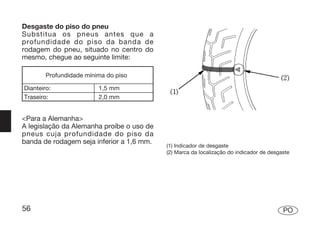 Desgaste do piso do pneu
Substitua os pneus antes que a
profundidade do piso da banda de
rodagem do pneu, situado no centro do
mesmo, chegue ao seguinte limite:

        Profundidade mínima do piso

Dianteiro:               1,5 mm
Traseiro:                2,0 mm


<Para a Alemanha>
A legislação da Alemanha proíbe o uso de
pneus cuja profundidade do piso da
banda de rodagem seja inferior a 1,6 mm.
                                           (1) Indicador de desgaste
                                           (2) Marca da localização do indicador de desgaste




56                                                                                       PO
 