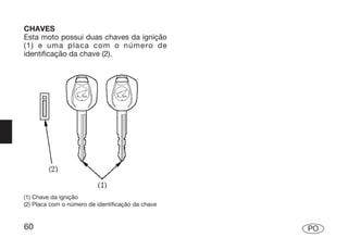 CHAVES
Esta moto possui duas chaves da ignição
(1) e uma placa com o número de
identificação da chave (2).




(1) Chave da ignição
(2) Placa com o número de identificação da chave


60                                                 PO
 
