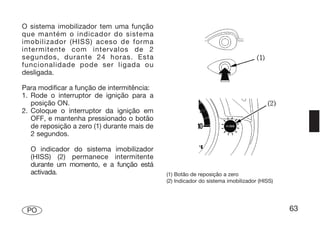 O sistema imobilizador tem uma função
que mantém o indicador do sistema
imobilizador (HISS) aceso de forma
intermitente com intervalos de 2
segundos, durante 24 horas. Esta
funcionalidade pode ser ligada ou
desligada.

Para modificar a função de intermitência:
1. Rode o interruptor de ignição para a
   posição ON.
2. Coloque o interruptor da ignição em
   OFF, e mantenha pressionado o botão
   de reposição a zero (1) durante mais de
   2 segundos.

  O indicador do sistema imobilizador
  (HISS) (2) permanece intermitente
  durante um momento, e a função está
  activada.                                  (1) Botão de reposição a zero
                                             (2) Indicador do sistema imobilizador (HISS)




 PO                                                                                         63
 