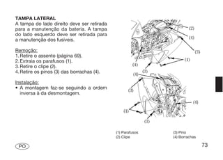 TAMPA LATERAL
A tampa do lado direito deve ser retirada
para a manutenção da bateria. A tampa
do lado esquerdo deve ser retirada para
a manutenção dos fusíveis.

Remoção:
1. Retire o assento (página 69).
2. Extraia os parafusos (1).
3. Retire o clipe (2).
4. Retire os pinos (3) das borrachas (4).

Instalação:
• A montagem faz-se seguindo a ordem
  inversa à da desmontagem.




                                            (1) Parafusos   (3) Pino
                                            (2) Clipe       (4) Borrachas

 PO                                                                         73
 
