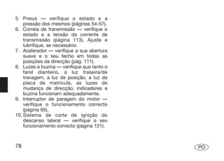 5. Pneus — verifique o estado e a
    pressão dos mesmos (páginas 54-57).
6. Correia de transmissão — verifique o
    estado e a tensão da corrente de
    transmissão (página 113). Ajuste e
    lubrifique, se necessário.
7. Acelerador — verifique a sua abertura
    suave e o seu fecho em todas as
    posições da direcção (pág. 111).
8. Luzes e buzina — verifique que tanto o
    farol dianteiro, a luz traseira/de
    travagem, a luz de posição, a luz da
    placa de matrícula, as luzes de
    mudança de direcção, indicadores e
    buzina funcionam adequadamente.
9. Interruptor de paragem do motor —
    verifique o funcionamento correcto
    (página 65).
10. Sistema de corte de ignição do
    descanso lateral — verifique o seu
    funcionamento correcto (página 121).



78                                          PO
 