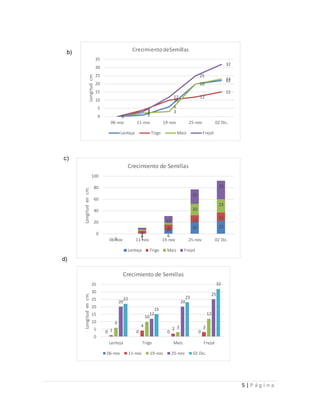 5 | P á g i n a
b)
c)
d)
0 1
6
20
22
0
4
10
12
15
0
2 3
20
23
0
3
12
25
32
0
5
10
15
20
25
30
35
06-nov 11-nov 19-nov 25-nov 02 Dic.
Longitudcm
CrecimientodeSemillas
Lenteja Trigo Maíz Frejol
0 1
6
20 22
0
4
10
12
15
0
2
3
20
23
0
3
12
25
32
0
20
40
60
80
100
06-nov 11-nov 19-nov 25-nov 02 Dic.
Longitudencm.
Crecimiento de Semillas
Lenteja Trigo Maíz Frejol
0 0 0 01
4
2 3
6
10
3
12
20
12
20
25
22
15
23
32
0
5
10
15
20
25
30
35
Lenteja Trigo Maíz Frejol
Longitudencm.
Crecimiento de Semillas
06-nov 11-nov 19-nov 25-nov 02 Dic.
 