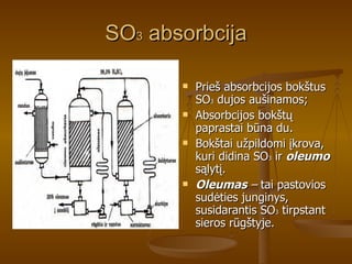 SO 3  absorbcija Prieš absorbcijos bokštus SO 3  dujos aušinamos; Absorbcijos bokštų paprastai būna du. Bokštai užpildomi įkrova, kuri didina SO 3  ir  oleumo  sąlytį. Oleumas  –  tai pastovios sudėties junginys, susidarantis SO 3  tirpstant sieros rūgštyje.  