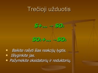 Trečioji užduotis S+... -> SO 2 SO 2 +... ->SO 3 Baikite rašyti šias reakcijų lygtis. Išlyginkite jas.  Pažymėkite oksidatorių ir reduktorių.   