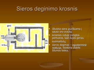 Sieros deginimo krosnis išlydyta siera įpurškiama į sauso oro srautą; krosnies viduje įrengtos pertvaros, kad dujos geriau susimaišytų; sieros degimas –  egzoterminė reakcija , išsiskiria didelis šilumos kiekis. 