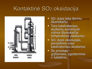 Kontaktinė SO 2  oksidacija SO 2  dujos teka išoriniu šilumokaičiu Tarp katalizatoriaus sluoksnių sumontuoti vidiniai šilumokaičiai temperatūros palaikymui SO 2  dujos oksiduojasi, pereidamos visus katalizatoriaus sluoksnius Šis procesas – grįžtamasis, egzoterminis ir katalitinis. 