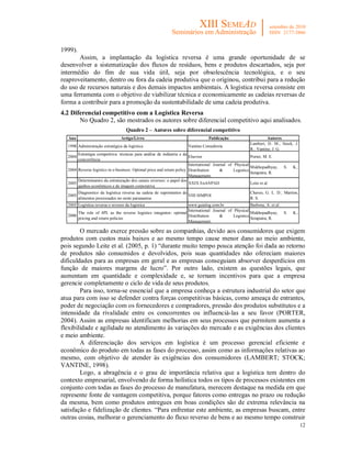 1999).
       Assim, a implantação da logística reversa é uma grande oportunidade de se
desenvolver a sistematização dos fluxos de resíduos, bens e produtos descartados, seja por
intermédio do fim de sua vida útil, seja por obsolescência tecnológica, e o seu
reaproveitamento, dentro ou fora da cadeia produtiva que o originou, contribui para a redução
do uso de recursos naturais e dos demais impactos ambientais. A logística reversa consiste em
uma ferramenta com o objetivo de viabilizar técnica e economicamente as cadeias reversas de
forma a contribuir para a promoção da sustentabilidade de uma cadeia produtiva.
4.2 Diferencial competitivo com a Logística Reversa
       No Quadro 2, são mostrados os autores sobre diferencial competitivo aqui analisados.
                                    Quadro 2 – Autores sobre diferencial competitivo
  Ano                            Artigo/Livro                                    Publicação                       Autores
                                                                                                        Lambert, D. M.; Stock, J.
  1998 Administração estratégica da logística                        Vantine Consultoria
                                                                                                        R.; Vantine, J. G.
       Estratégia competitiva: técnicas para análise de indústria e da
  2004                                                                  Elsevier                           Porter, M. E.
       concorrência
                                                                        International Journal of Physical
                                                                                                           Mukhopadhyay,   S.   K.;
  2004 Reverse logistics in e-business: Optimal price and return policy Distribution     &       Logistics
                                                                                                           Setaputra, R.
                                                                        Management.
       Determinantes da estruturação dos canais reversos: o papel dos
  2005                                                                  XXIX EnANPAD                       Leite et al.
       ganhos econômicos e de imagem corporativa
         Diagnostico da logística reversa na cadeia de suprimentos de                                   Chaves, G. L. D.; Martins,
  2005                                                                VIII SIMPOI
         alimentos processados no oeste paranaense                                                      R. S.
  2005 Logística reversa o reverso da logística                     www.guialog.com.br                 Barbosa, A. et al.
                                                                    International Journal of Physical
       The role of 4PL as the reverse logistics integrator; optimal                                    Mukhopadhyay, S.         K.;
  2006                                                              Distribution     &       Logistics
       pricing and return policies                                                                     Setaputra, R.
                                                                    Management.

        O mercado exerce pressão sobre as companhias, devido aos consumidores que exigem
produtos com custos mais baixos e ao mesmo tempo cause menor dano ao meio ambiente,
pois segundo Leite et al. (2005, p. 1) “durante muito tempo pouca atenção foi dada ao retorno
de produtos não consumidos e devolvidos, pois suas quantidades não ofereciam maiores
dificuldades para as empresas em geral e as empresas conseguiam absorver desperdícios em
função de maiores margens de lucro”. Por outro lado, existem as questões legais, que
aumentam em quantidade e complexidade e, se tornam incentivos para que a empresa
gerencie completamente o ciclo de vida de seus produtos.
        Para isso, torna-se essencial que a empresa conheça a estrutura industrial do setor que
atua para com isso se defender contra forças competitivas básicas, como ameaça de entrantes,
poder de negociação com os fornecedores e compradores, pressão dos produtos substitutos e a
intensidade da rivalidade entre os concorrentes ou influenciá-las a seu favor (PORTER,
2004). Assim as empresas identificam melhorias em seus processos que permitem aumenta a
flexibilidade e agilidade no atendimento às variações do mercado e as exigências dos clientes
e meio ambiente.
        A diferenciação dos serviços em logística é um processo gerencial eficiente e
econômico do produto em todas as fases do processo, assim como as informações relativas ao
mesmo, com objetivo de atender às exigências dos consumidores (LAMBERT; STOCK;
VANTINE, 1998).
        Logo, a abragência e o grau de importância relativa que a logística tem dentro do
contexto empresarial, envolvendo de forma holística todos os tipos de processos existentes em
conjunto com todas as fases do processo de manufatura, merecem destaque na medida em que
represente fonte de vantagem competitiva, porque fatores como entregas no prazo ou redução
da mesma, bem como produtos entregues em boas condições são de extrema relevância na
satisfação e fidelização de clientes. “Para enfrentar este ambiente, as empresas buscam, entre
outras cosias, melhorar o gerenciamento do fluxo reverso de bens e ao mesmo tempo construir
                                                                                                                                      12
 