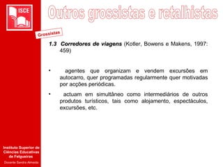Instituto Superior de
Ciências Educativas
de Felgueiras
Docente Sandra Almeida
1.3 Corredores de viagens1.3 Corredores de viagens (Kotler, Bowens e Makens, 1997:
459)
• agentes que organizam e vendem excursões em
autocarro, quer programadas regularmente quer motivadas
por acções periódicas.
• actuam em simultâneo como intermediários de outros
produtos turísticos, tais como alojamento, espectáculos,
excursões, etc.
Grossistas
 