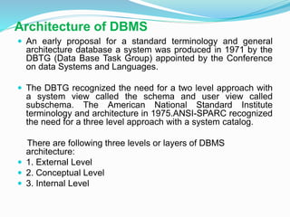 Architecture of DBMS
 An early proposal for a standard terminology and general
architecture database a system was produced in 1971 by the
DBTG (Data Base Task Group) appointed by the Conference
on data Systems and Languages.
 The DBTG recognized the need for a two level approach with
a system view called the schema and user view called
subschema. The American National Standard Institute
terminology and architecture in 1975.ANSI-SPARC recognized
the need for a three level approach with a system catalog.
There are following three levels or layers of DBMS
architecture:
 1. External Level
 2. Conceptual Level
 3. Internal Level
 