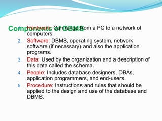 Components of DBMS1. Hardware: Can range from a PC to a network of
computers.
2. Software: DBMS, operating system, network
software (if necessary) and also the application
programs.
3. Data: Used by the organization and a description of
this data called the schema.
4. People: Includes database designers, DBAs,
application programmers, and end-users.
5. Procedure: Instructions and rules that should be
applied to the design and use of the database and
DBMS.
 